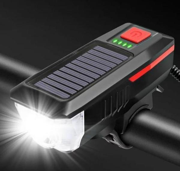 Güneş Enerjili Usb Şarjlı Bisiklet Lambası Solar Fener Ön Far Işık Aydınlatma Kornalı Kırmızı - Image 1