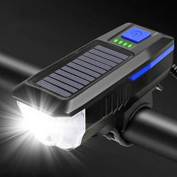 Güneş Enerjili Usb Şarjlı Bisiklet Lambası Solar Fener Ön Far Işık Aydınlatma Kornalı Mavi - Image 1