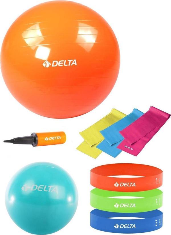 Delta 85-20 cm Pilates Topu 3'lü Pilates Bandı 3'lü Squat Bandı Direnç Lastiği Şişirme Pompası Seti - Image 1