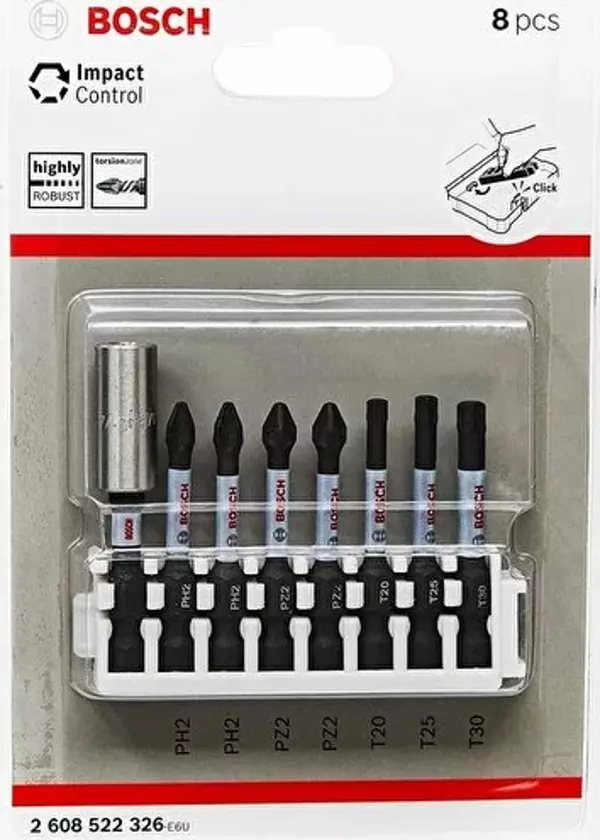 Bosch - Impact Control Serisi Vidalama Ucu 8'li PH2x2/PZ2x2/T20/T30 *50mm + Standart Tutucu *60mm - Image 1