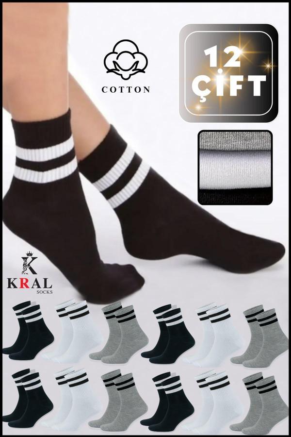 KRAL SOCKS Erkek Kadın (3 ÇİFT) Çizgili Kolej Tenis Çorabı Pamuklu Terletmez Çorap - Image 1