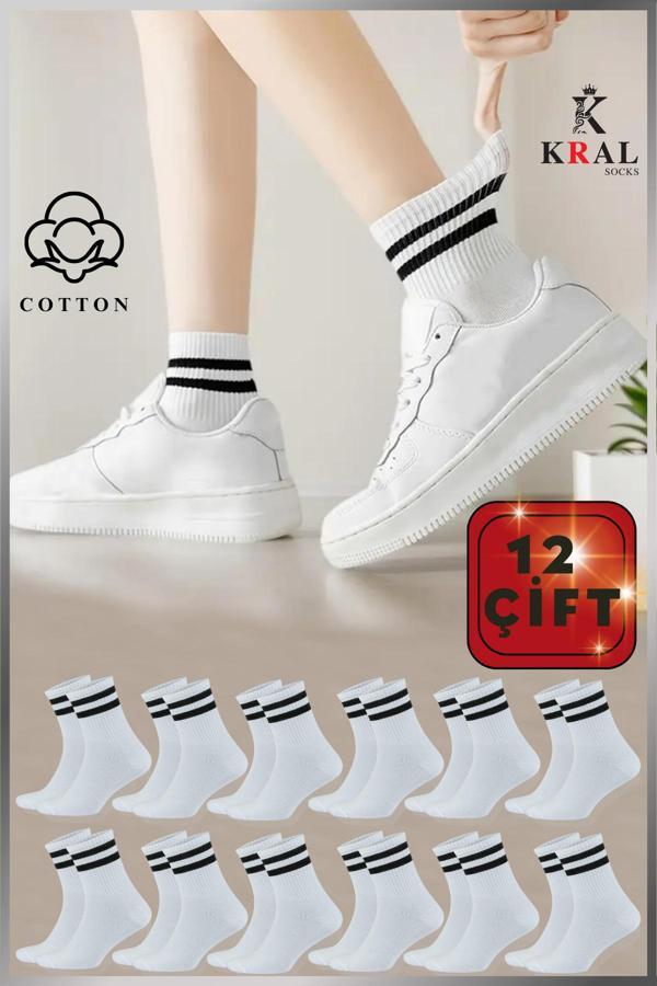 KRAL SOCKS Erkek Kadın (3 ÇİFT) Çizgili Kolej Tenis Çorabı Pamuklu Terletmez Çorap - Image 1
