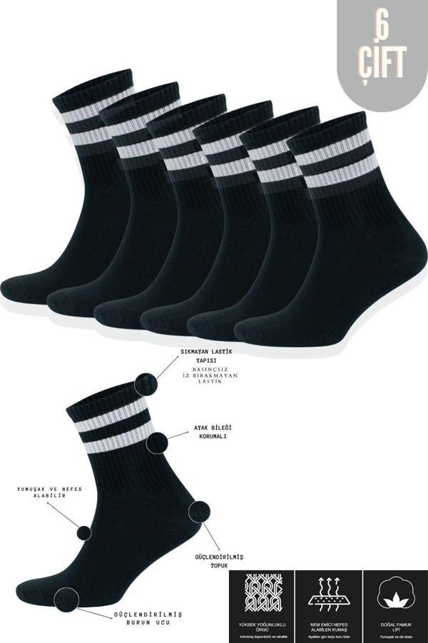 KRAL SOCKS Erkek Kadın (6 ÇİFT) Çizgili Kolej Tenis Çorabı Pamuklu Terletmez Çorap - Image 1