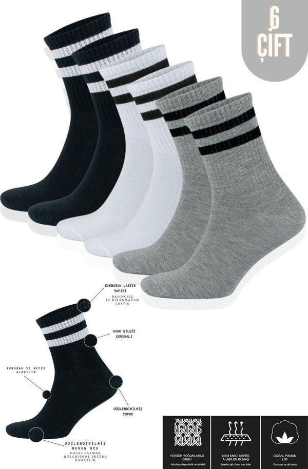 KRAL SOCKS Erkek Kadın (6 ÇİFT) Çizgili Kolej Tenis Çorabı Pamuklu Terletmez Çorap - Image 1