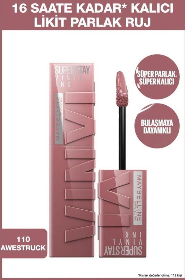 Maybelline New York Super Stay Vinyl Ink Uzun Süre Kalıcı Likit Parlak Ruj 110 Awestruck - Image 1