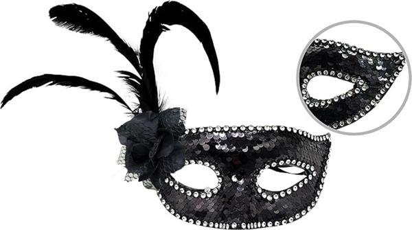 Siyah Renk Yandan Tüylü Güllü Gümüş Taşlı Pullu Maske 20x22 cm - Image 1