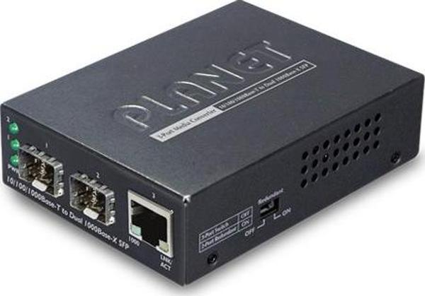 10/100/1000Base-T to Dual 1000Base-X SFP Media Converter - Image 1