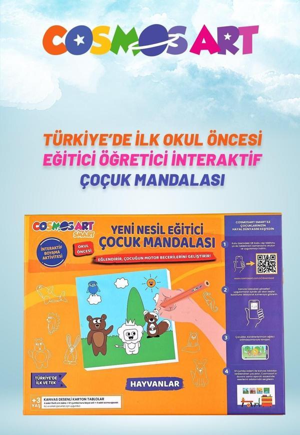 Cosmosart Çocuklar Için 4'lü 15*15 Cm Karton Kanvas Mandala - 6'lı Jumbo Kalem Hediyeli - Hayvanlar - Image 1