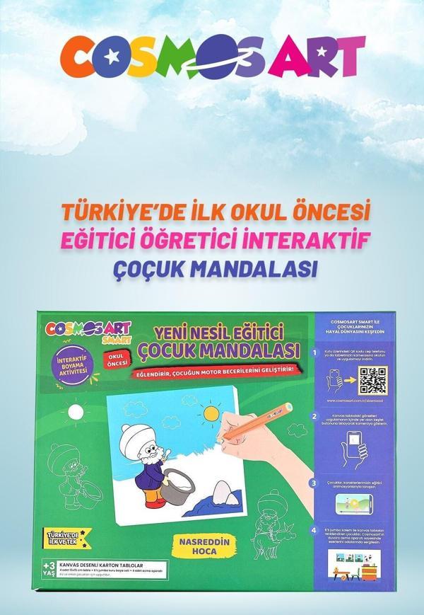 Cosmosart Çocuklar Için 4'lü 15*15 Cm Karton Kanvas Mandala - 6'lı Jumbo Kalem Hediyeli - Nasreddin Hoca - Image 1