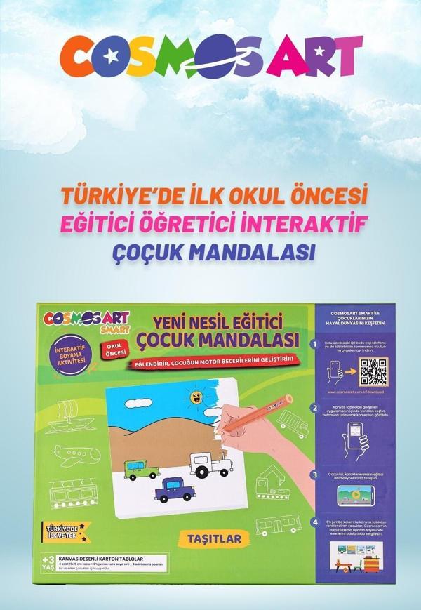 Cosmosart Çocuklar Için 4'lü 15*15 Cm Karton Kanvas Mandala - 6'lı Jumbo Kalem Hediyeli - Taşıtlar - Image 1
