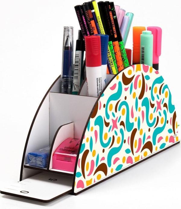 Kututr Ahşap Vip Pattern Seri Gökkuşağı Cetvelli Masaüstü Kalemlik Organizer Montajlı Kutulu - Image 1