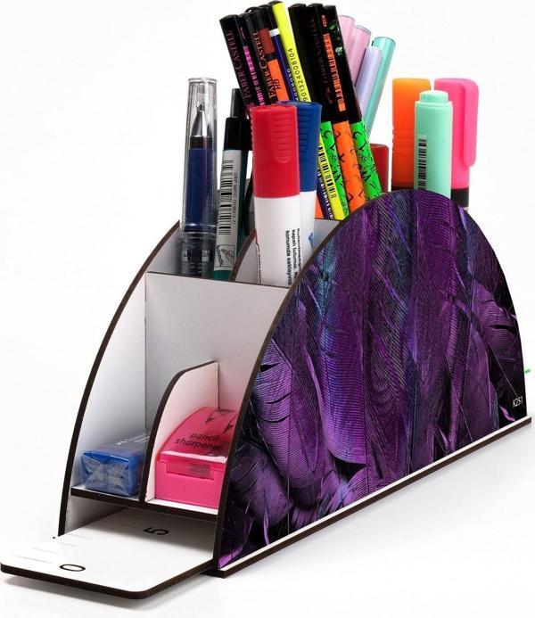 Kututr Ahşap Vip Pattern Seri Gökkuşağı Cetvelli Masaüstü Kalemlik Organizer Montajlı Kutulu - Image 1