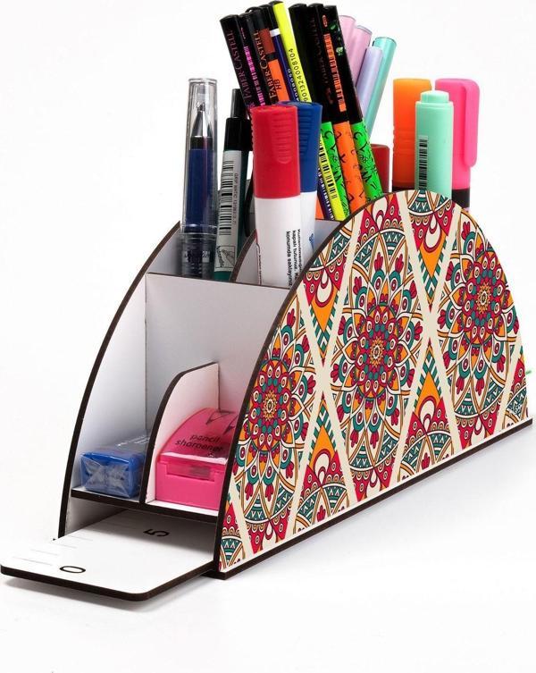 Notpa Ahşap Vip Etnik 2 Gökkuşağı Cetvelli Masaüstü Kalemlik Organizer Vip159 - Image 1