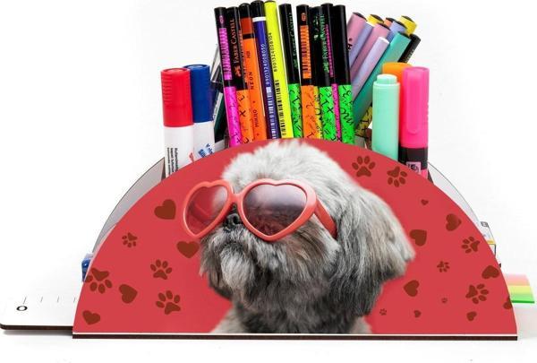 Notpa Ahşap Vip Gözlüklü Köpek Gökkuşağı Cetvelli Masaüstü Kalemlik Organizer Vip132 - Image 1