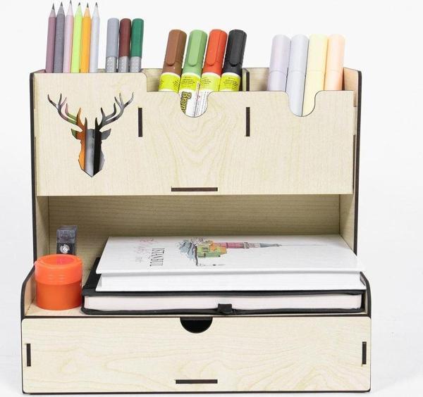 Kututr Çekmeceli Geyik Desenli Masaüstü Kalemlik Organizer Montajı Yapılmış Kutulu Ürün - Image 1