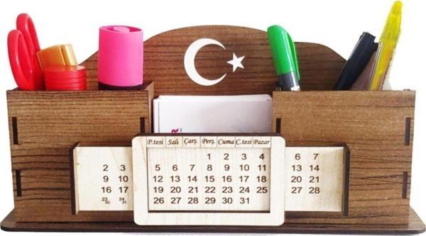 Notpa Takvimli Masaüstü Kalemlik Kalem Kutusu Organizer Ahşap Akasya  - Image 1