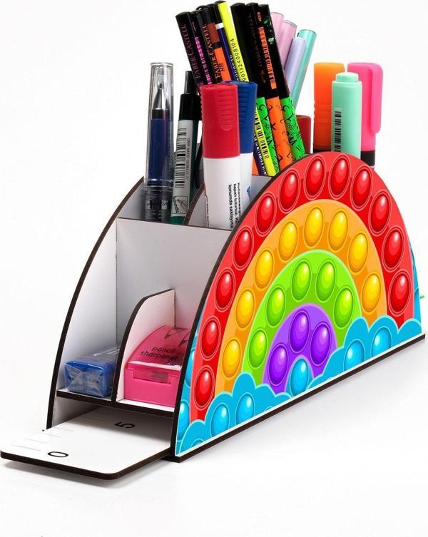 Notpa Ahşap Baloncuklu Popit Gökkuşağı Cetvelli Masaüstü Kalemlik Kutu Çocuklar Için Organizer Gk106 - Image 1