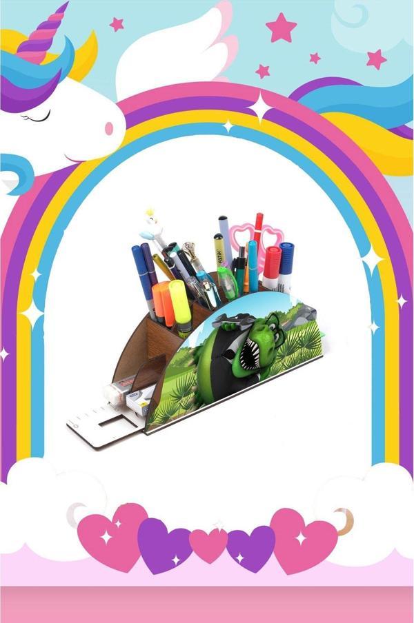 Notpa Ahşap Dinazor Trex Yeşil Gökkuşağı Cetvelli Masaüstü Kalemlik Kutu Çocuklar Için Organizer Gk18 - Image 1
