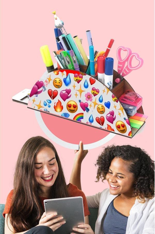 Notpa Ahşap Renkli Emoji Gökkuşağı Cetvelli Masaüstü Kalemlik Kutu Çocuklar Için Organizer Gk84 - Image 1
