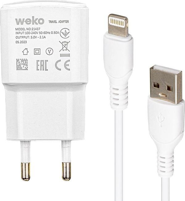 WEKO WK-21437 IP 2.1 AMPER ŞARJ BAŞLIK ADAPTÖRÜ + LIGHTNING KABLO (NO:3) - Image 1