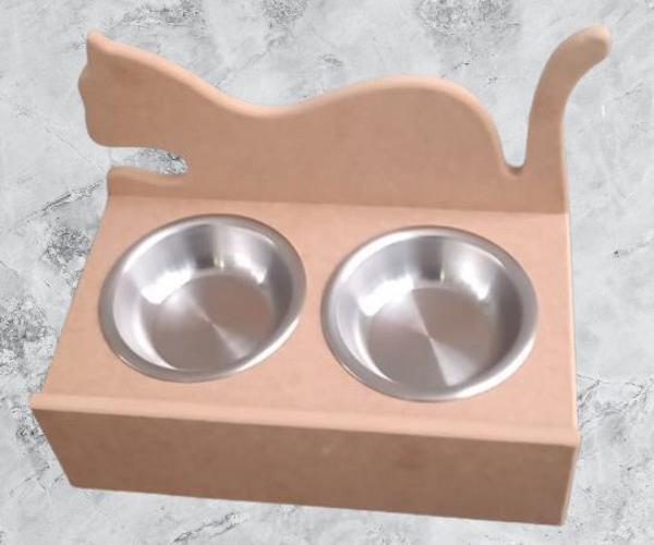 Hobi ADN 90368 MODEL Kedi Mama ve Su Kabı Ahşap MDF HAM Paslanmaz Tabak El Yapım - Image 1