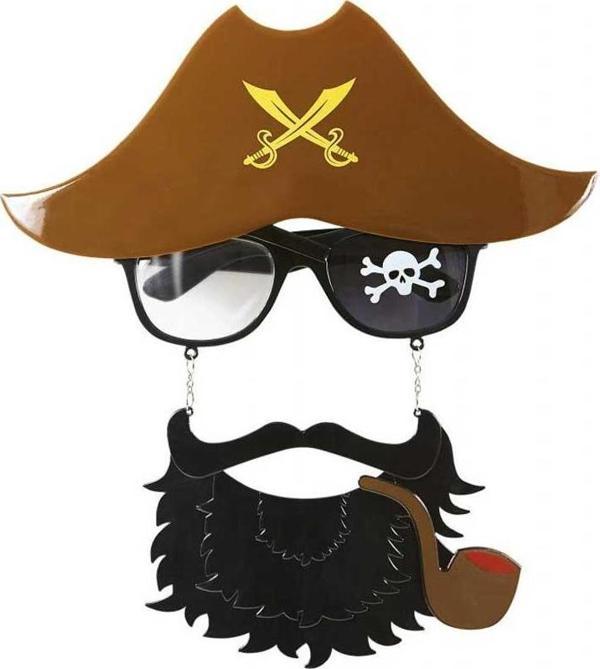 Kahve Renk Şapkalı Siyah Sakallı Pipolu Jack Sparrow Denizci Korsan Gözlüğü 24x25 cm - Image 1