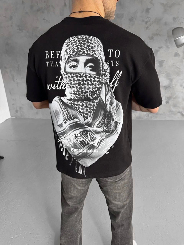 Unisex Baskılı Oversize T-Shirt - Siyah - Image 1