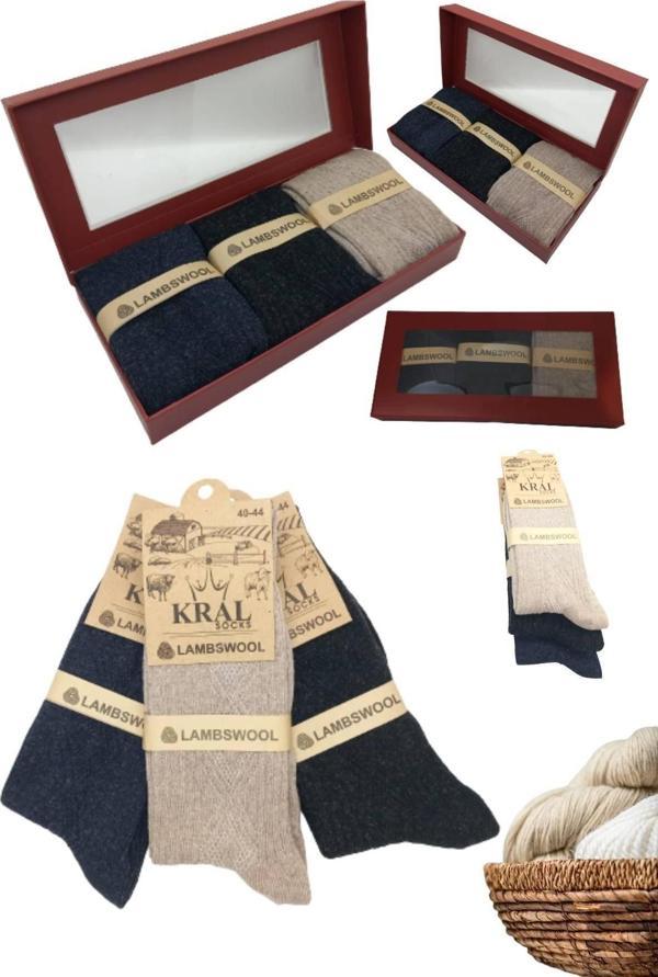 KRAL SOCKS Hediye Kutulu Erkek (3 Çift) Kaliteli Yünlü Kışlık Lambswool Parfümlü Termal Etkili Yün Çorap - Image 1