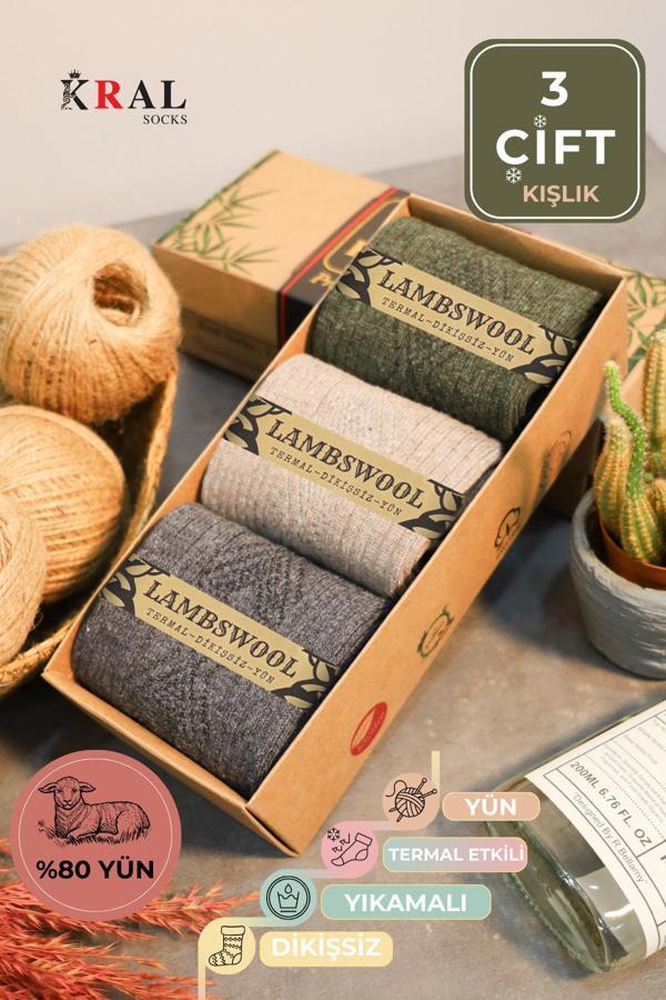 KRAL SOCKS Hediye Kutulu Erkek (3 Çift) Kaliteli Yünlü Kışlık Lambswool Parfümlü Termal Etkili Yün Çorap - Image 1
