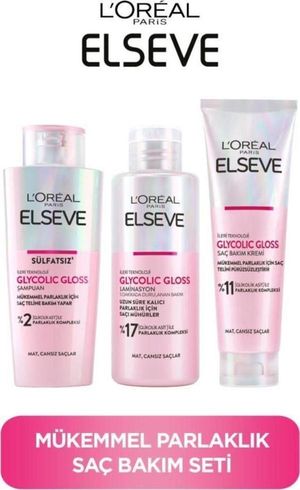Elseve Glycolic Gloss Mükemmel Parlaklık Şampuan 200ml + Saç Kremi 150ml+ Laminasyon Bakım 200ml 3'lü Saç Bakım Seti - Image 1