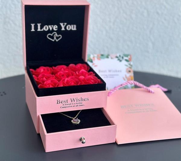 Premium Kutuda Kolye Hediyeli Gül Takı Kutusu - PEMBE - Image 1