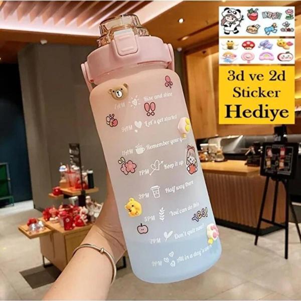 3lü Set  Motivasyonel Su Matarası Mor- Mavi Su Matarası Pembe-Mavi - Image 1