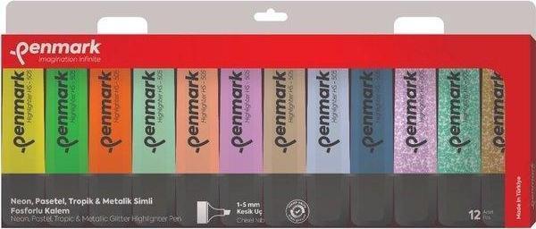 Penmark FOSFORLU KALEM 12 Lİ ASETAT KARIŞIK RENK  3 NEON +3 PASTEL + 3 TROPİK +3 SİMLİ - Image 1