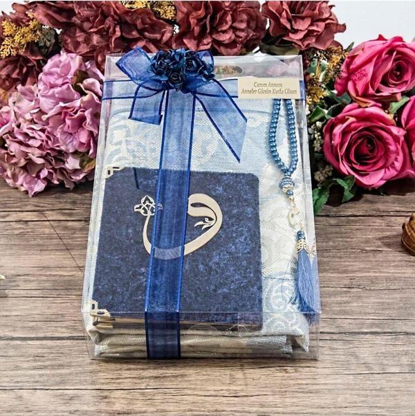 İkranur Ipek Nur Seccade, Çanta Boy Kadife Yasin, Inci Tesbih, Süslemeli Hediye Seti Lacivert - Image 1
