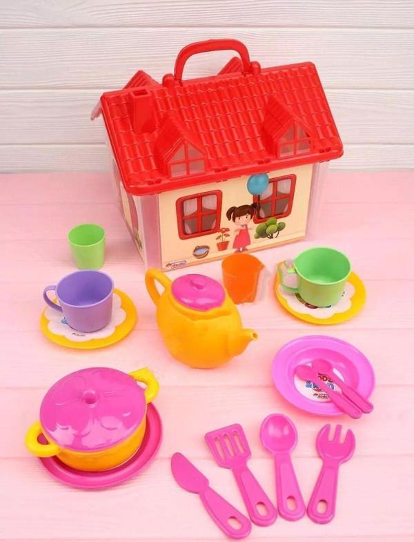 Welcomein Eğlenceli Ev Çay Set Ev Şekilli Mutfak Seti Oyuncak Çaydanlık ve Bardak Aksesuarları - Image 1
