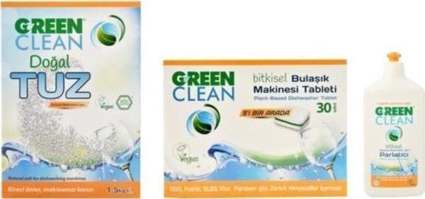 Green Clean Bulaşık Makinesi Tableti 30 adet +doğal Tuz 1.5 kg + Parlatıcı 500 ml 3lü Set - Image 1