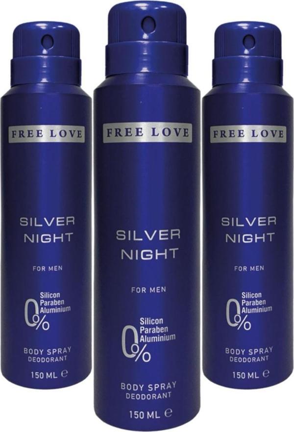 FREE LOVE Silver Night Erkek Deodorant 150 ml 3 Adet - Image 1