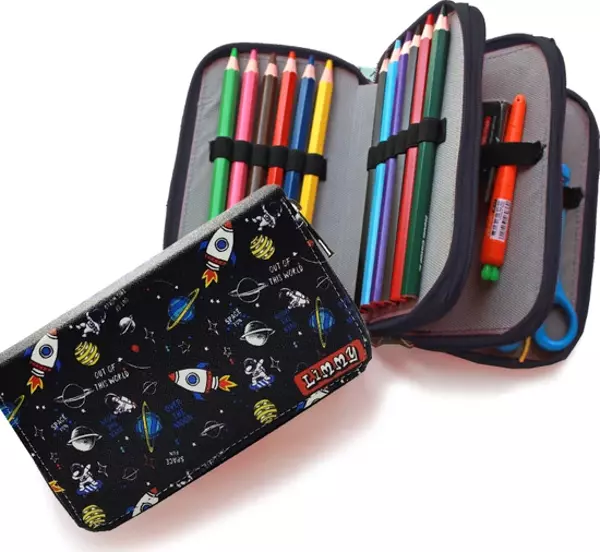 Astronot Moon Galaksi Kalem Kutusu Kawai Organizer Kalemkutu Vegan Deri Üç Bölmeli Kalemlik-Siyah - Image 1