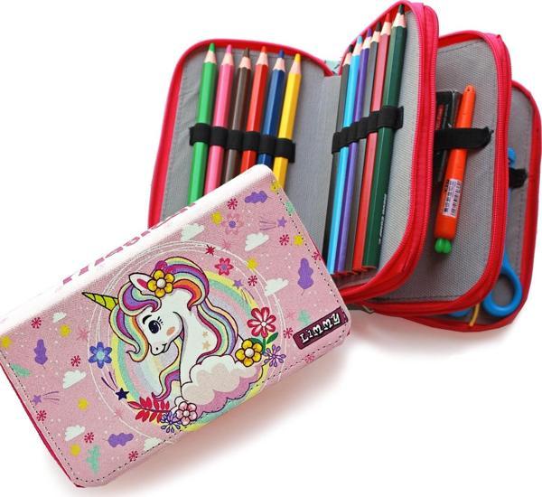 Bahar Çiçekli Unicorn Kalem Kutusu Kawai Organizer Kalemkutu Vegan Deri Üç Bölmeli Kalemlik- Pembe - Image 1