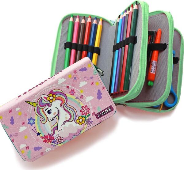 Bahar Çiçekli Unicorn Kalem kutusu Yeşil kawai Organizer Kalemkutu Vegan Deri Üç Bölmeli Kalemlik- Yeşil - Image 1