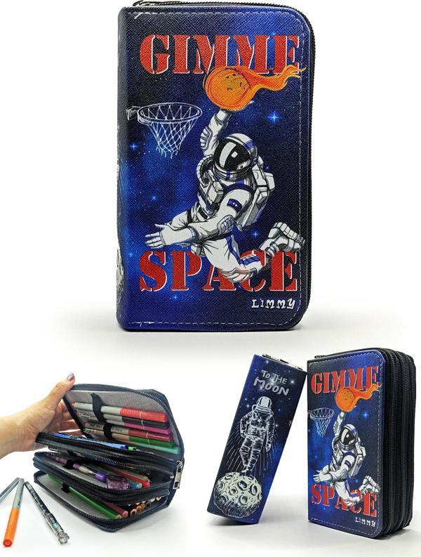 Kalem Kutusu Astronot Basketbol Desenli Organizer Kalemkutu Vegan Deri Üç Bölmeli Kalemlik - Image 1