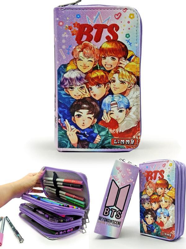 Kalem Kutusu BTS Desenli Kpop Organizer Kalemkutu Vegan Deri Üç Bölmeli Kalemlik - Image 1