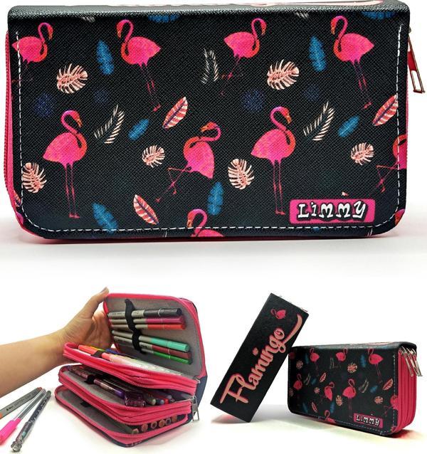 Kalem Kutusu Flamingo Siyah Kawai Organizer Kalemkutu Vegan Deri Üç Bölmeli Kalemlik - Image 1
