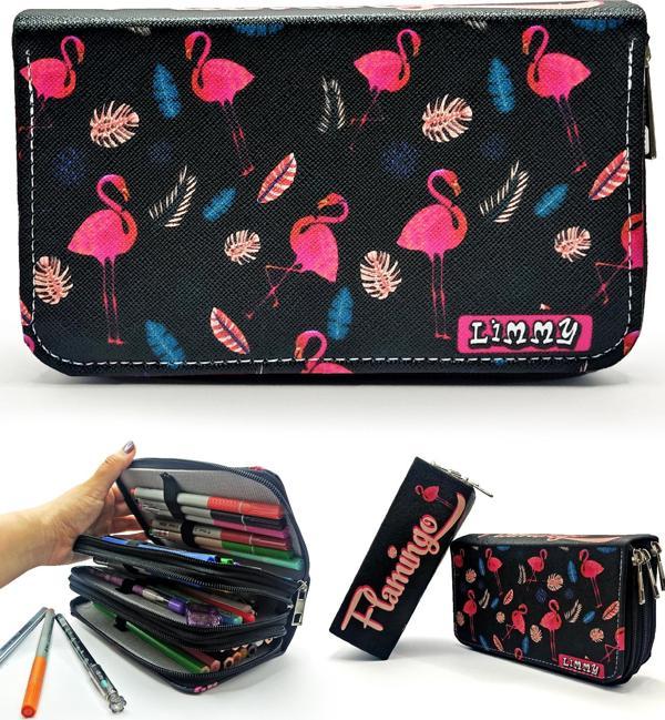 Kalem Kutusu Flamingo Siyah Kawai Organizer Kalemkutu Vegan Deri Üç Bölmeli Kalemlik Siyah - Image 1