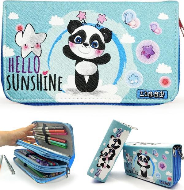 Kalem Kutusu Panda Kawai Organizer Kalemkutu Vegan Deri Üç Bölmeli Kalemlik-Mavi - Image 1