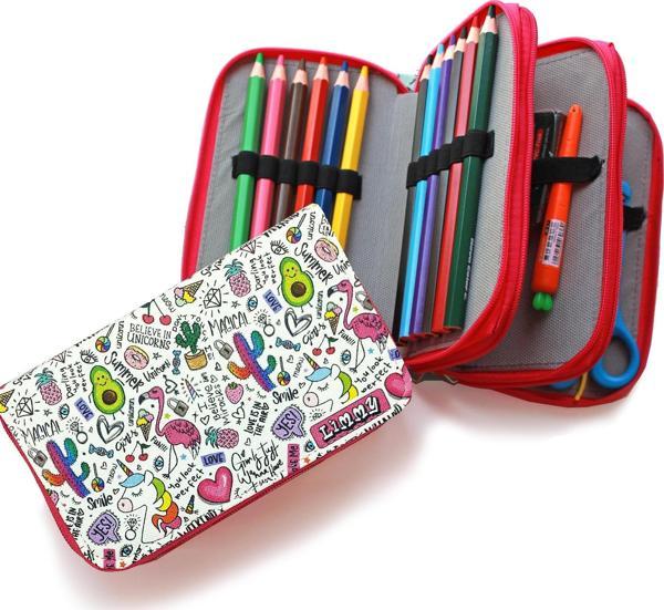Kalem Kutusu Unicorn Avakado Kawai Organizer Kalemkutu Vegan Deri Üç Bölmeli Kalemlik -Pembe - Image 1