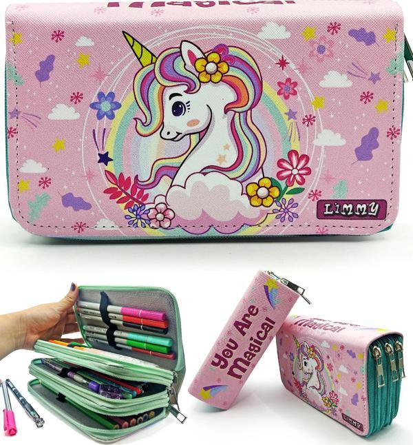 Kalem Kutusu Unicorn Bahar Temalı Kawai Organizer Kalemkutu Vegan Deri Üç Bölmeli Kalemlik- Yeşil - Image 1