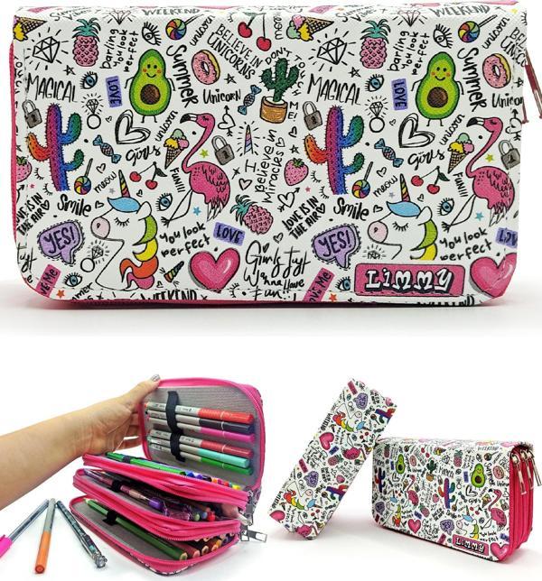 Kalem Kutusu Unicorn-Flamingo-Avakado Kawai Organizer Kalemkutu Vegan Deri Üç Bölmeli Kalemlik - Image 1