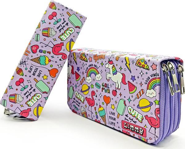 Mor Unicorn-Flamingo Kawai Organizer Kalemkutu Kalem Kutusu Vegan Deri Üç Bölmeli Kalemlik -Mor - Image 1