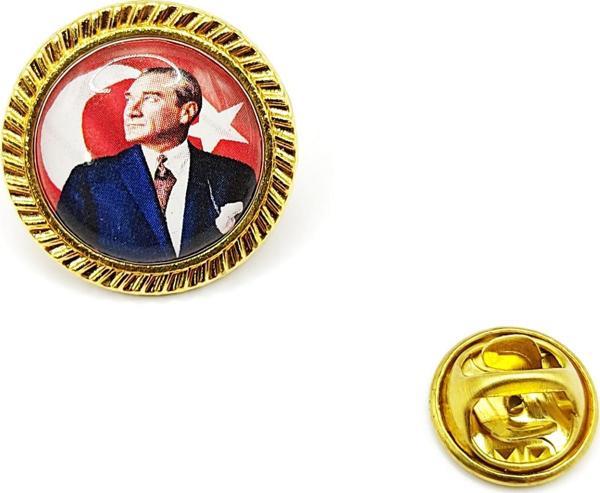 Yuvarlak Atatürk ve Türk Bayrak Baskılı Yaka Rozeti  - 1 Adet - Image 1